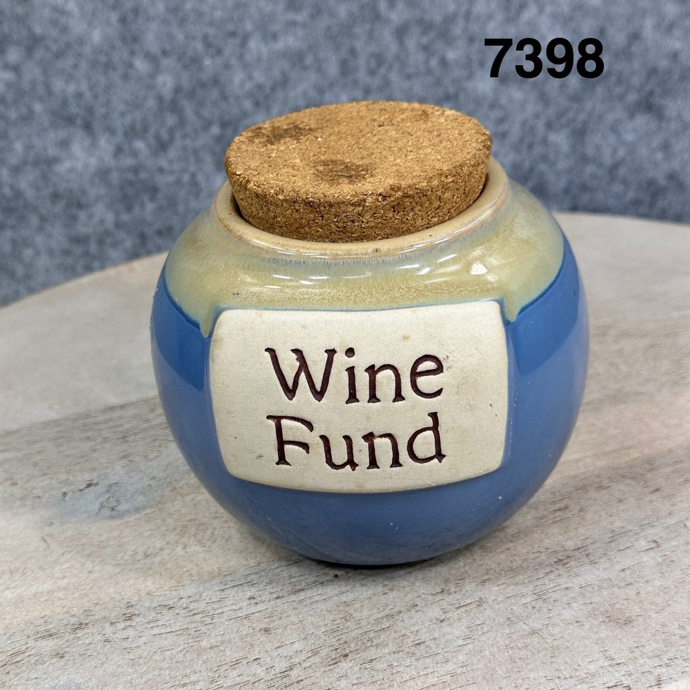 Tumbleweed Pottery Wine Fund Ceramic Coin Bank Blue Glazed Jar with Cork Lid